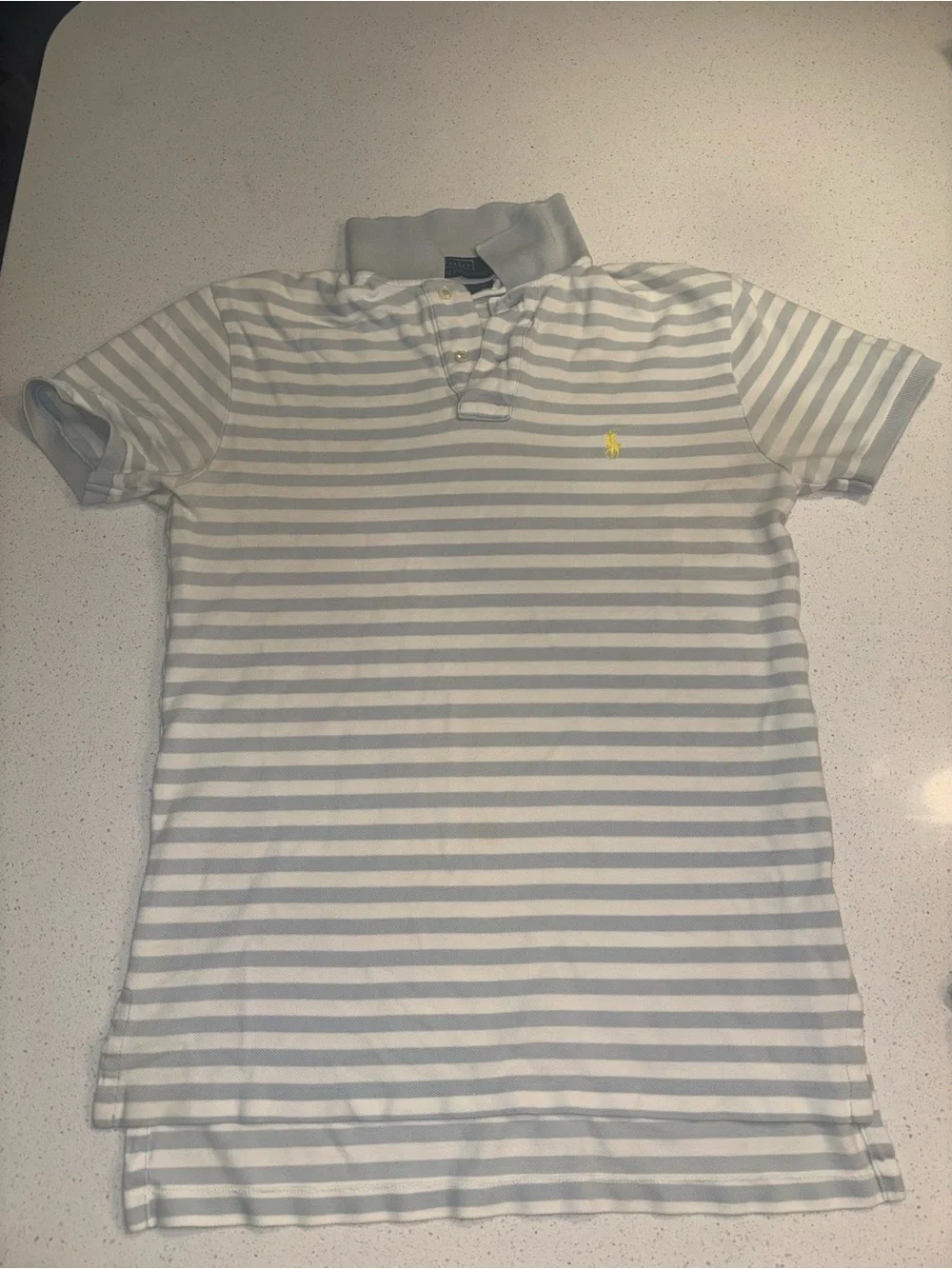Ralph Lauren Men’s Light Gray and White Striped Polo with Yellow Logo